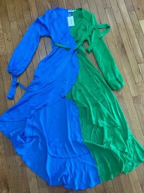 Flounce London Petite Blue Green Ruffle Maxi Dress NWT UK 8 US 4
